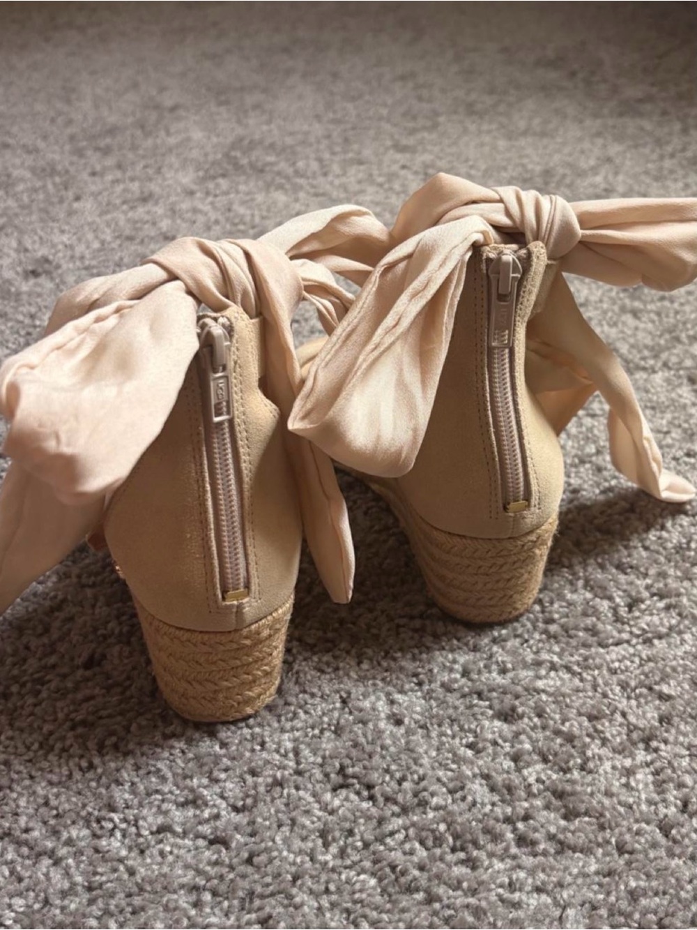 Beige Espadrille Wedge Heels with light pink ribbon ties